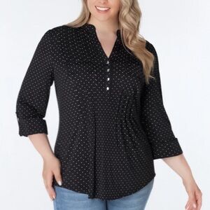 Cocomo Roll Tab Pintuck Blouse Black White Polka Dots NWT